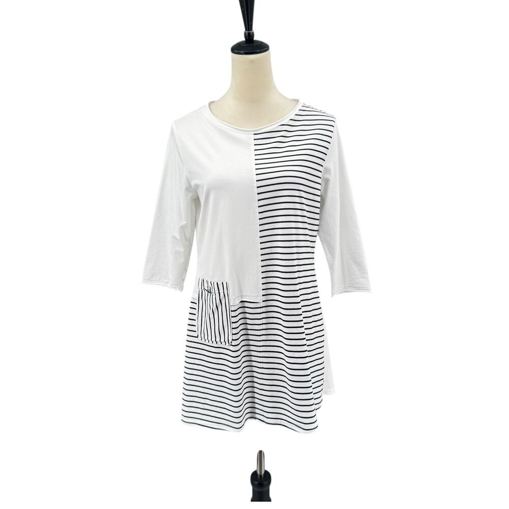 Neon Buddha White Long Sleeve Knit Black Stripe Asymmetrical Tunic Top